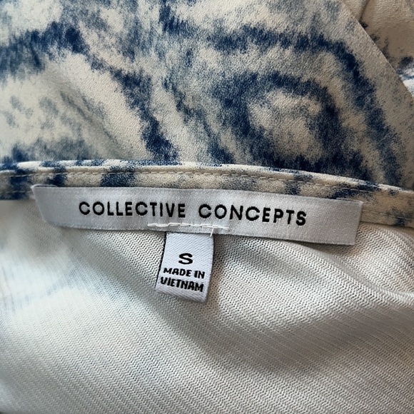 Collective Concepts draped cowl neck ivory blue print fitted silhouette dress S - Picture 6 of 8